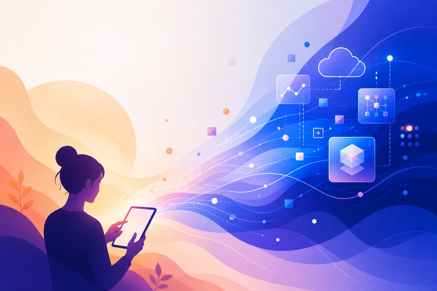 Illustration : une personne consulte une tablette d’où partent des flux de données vers le cloud, des tableaux de bord et des briques d’architecture