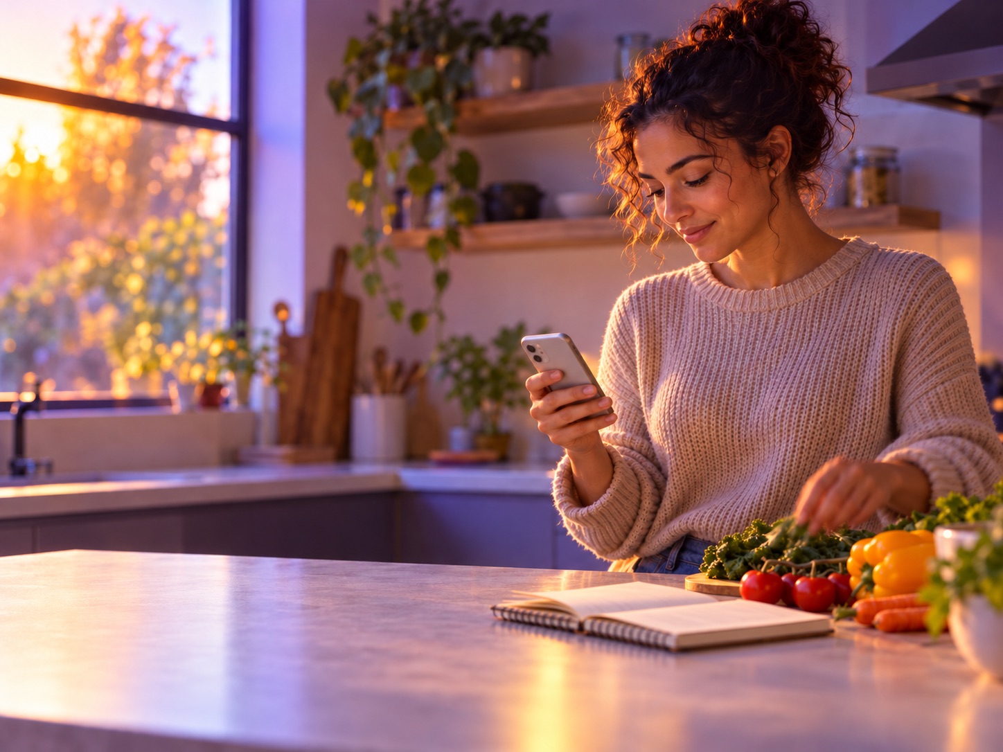 Dans sa cuisine, une femme planifie ses repas sur son smartphone, entourée de légumes frais
